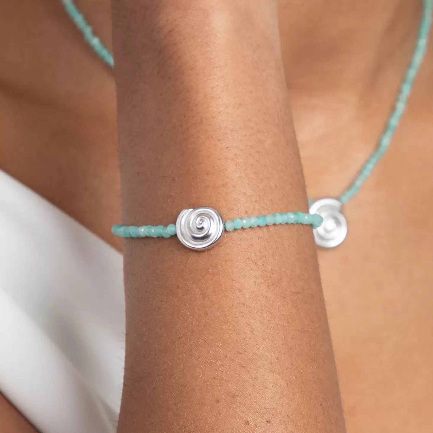Astrid & Miyu Amazonite Shell Charm Bracelet In Silver Rhodium Plated Online