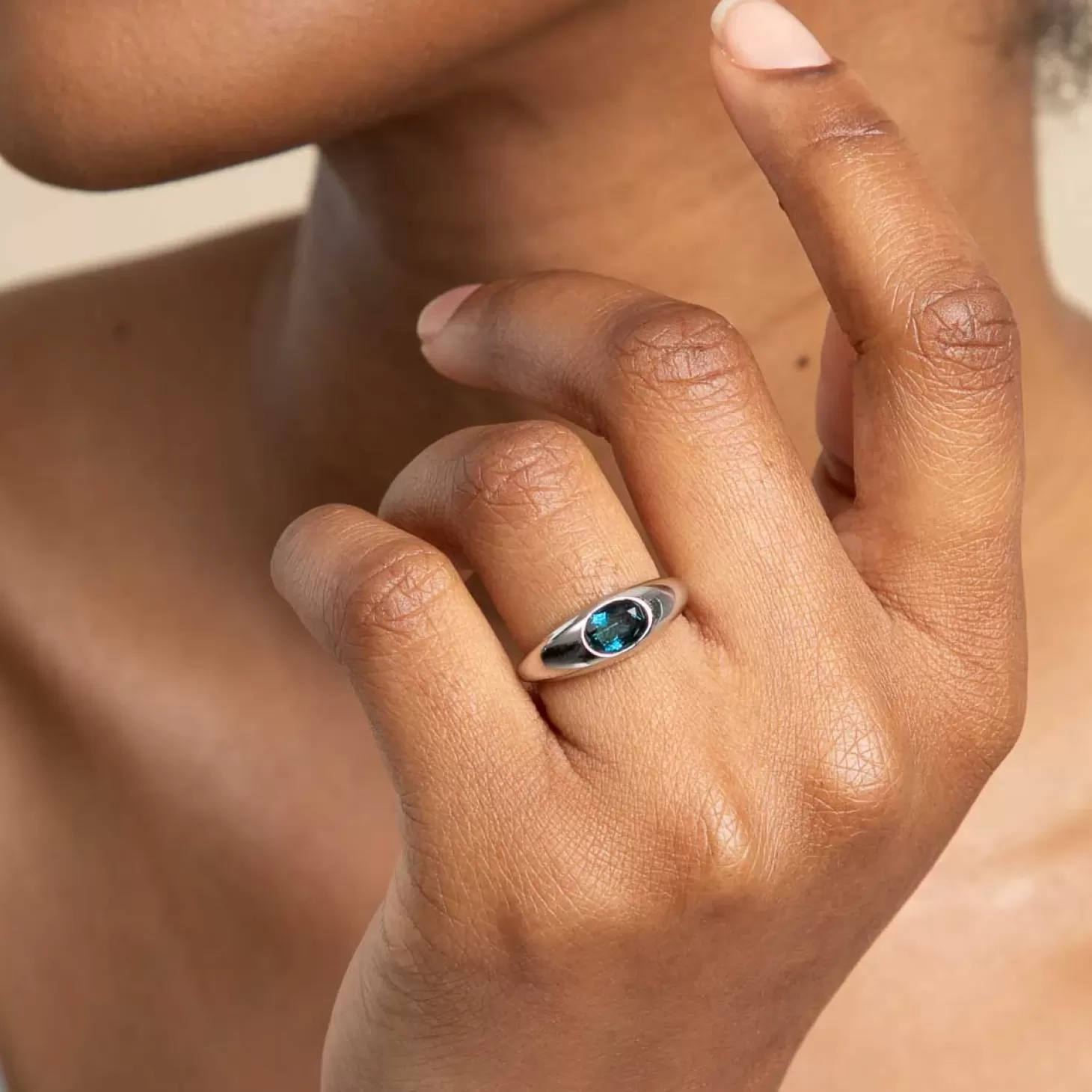 Astrid & Miyu Blue Topaz Dome Ring In Silver Rhodium Plated Recycled Sterling Silver Online