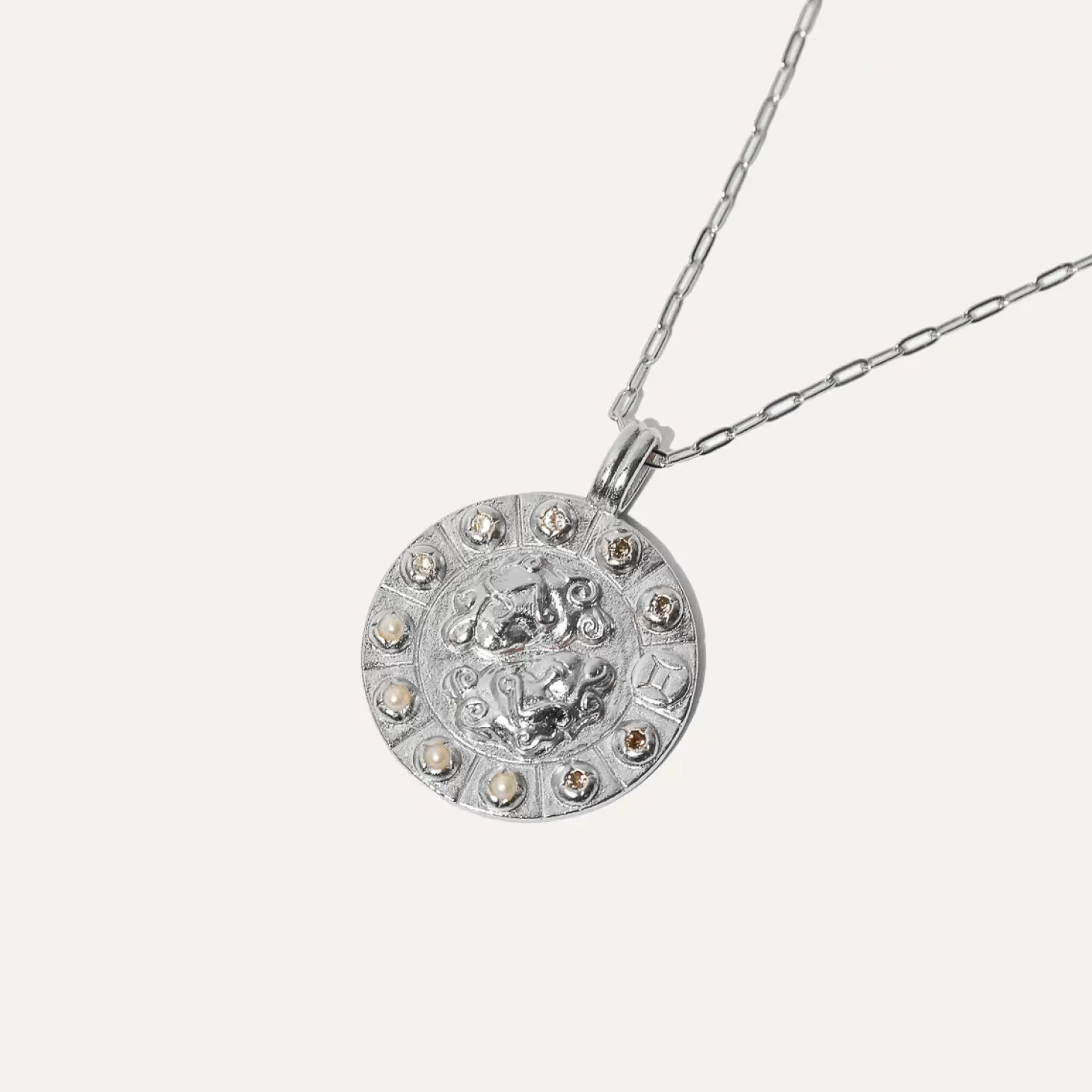 Astrid & Miyu Gemini Bold Zodiac Pendant Necklace In Silver Rhodium Plated Sterling Silver Outlet